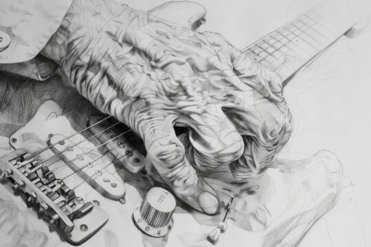 A hand strumming a guitar strings depicted with intricate detail in a photo-realistic pencil drawing