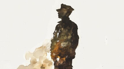Artistic watercolor portrayal of an American soldier in uniform with the American flag, symbolizing patriotism and military service - obrazy, fototapety, plakaty