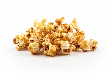 A pile of popcorn kernels scattered on a clean white surface, ready to be enjoyed as a snack.