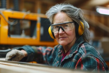 Elderly woman enjoying woodworking in a shop with hearing protection and goggles, skilled tradesperson