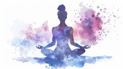 A vibrant watercolor artwork featuring a female silhouette in meditation with a multicolored backdrop