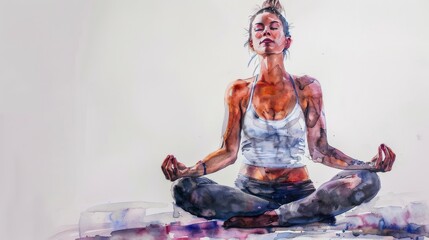 Watercolor painting of a woman in a meditative yoga pose, showcasing balance and tranquility