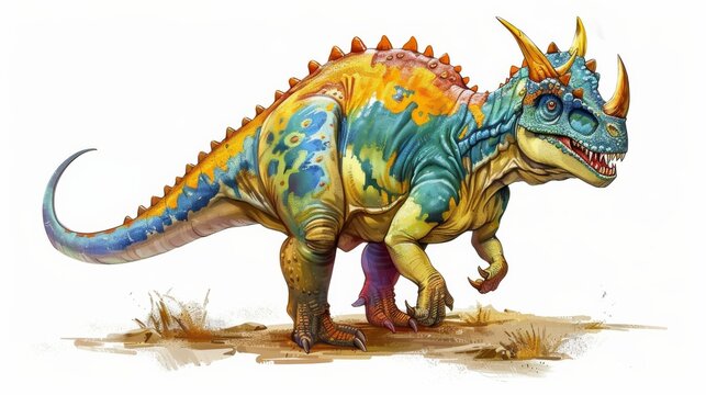 This image showcases a colorful, imaginative depiction of a Styracosaurus in action against a subdued backdrop