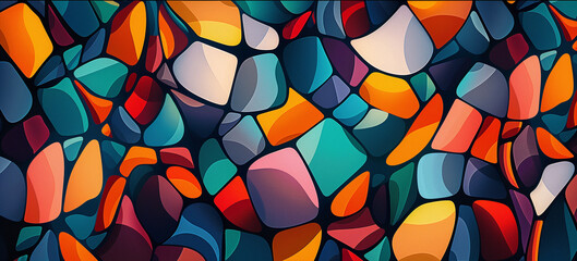 Abstract watercolor mosaic of geometric shapes in the form of colored pebbles.