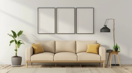 mock up poster frame in modern interior background, living room, Minimalistic style, 3D render