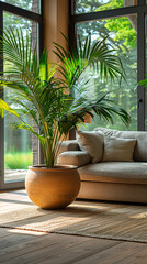 Wide mobile banner image of simple modern apartment living area interior near a window, with cozy sofa and indoor plant with pot 