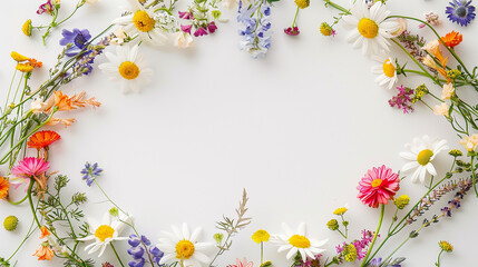 Fototapeta na wymiar moldura oval de guirlanda de flores silvestres, fundo branco