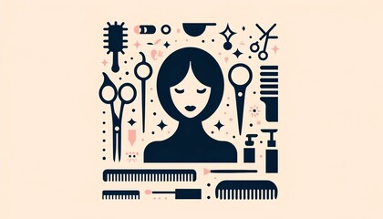 An abstract beauty salon concept art with female silhouette surrounded by hairdressing tools.
