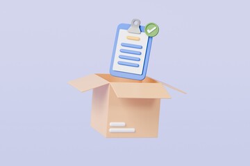 3D Cardboard box and clipboard with order checklist, correct, confirm icon. Confirmed order delivery concept. Fast Delivery Online Concept. Shipment checklist. Isolated on purple background. 3D Render
