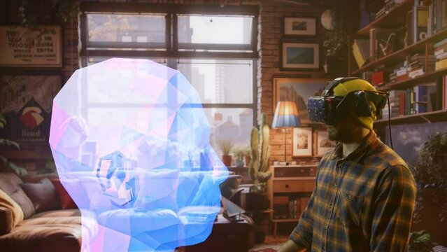 New York City, USA - April 2024 - A Man Standing In A Living Room Next To A Window With A Large Blue Object In It Workshop Photorealism Augmented Reality