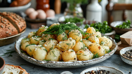 A bowl of potatoes with parsley and pepper on top. The bowl is on a table with other bowls and plates