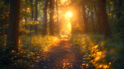 A path through a forest with a sun shining through the trees