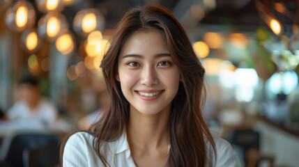Obraz premium Smiling asian business woman sitting in a modern office.