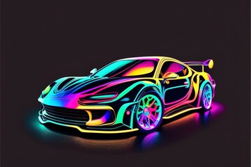 colorful car on a white, grey background. shiny automobile with rainbow colors. 3d illustration made with generative AI technology
