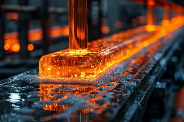 A view of hot, glowing metal being processed and forged in a manufacturing plant, displaying industrial power and transformation