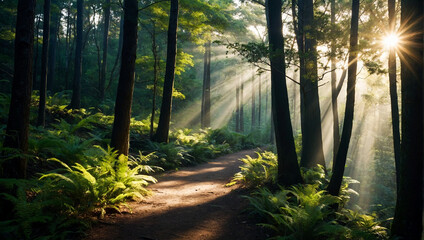 Obraz premium Forest Pathway with Sunlight Rays 