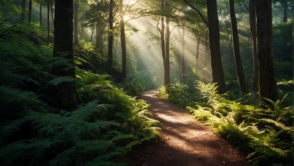 Foto auf Acrylglas Straße im Wald Forest Pathway with Sunlight Rays 