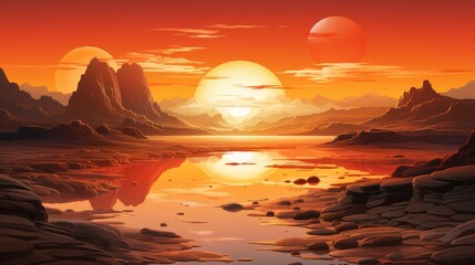 An alien landscape with a red sun, blue water, and rocky terrain