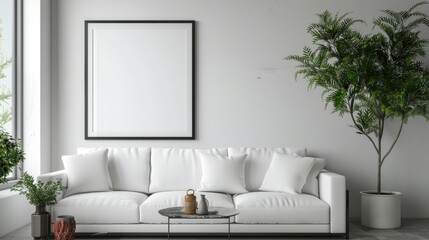 mock up poster frame in modern interior background, living room, Minimalistic style, 3D render