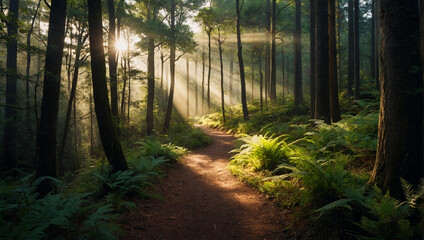 Fototapeta premium Forest Pathway with Sunlight Rays 