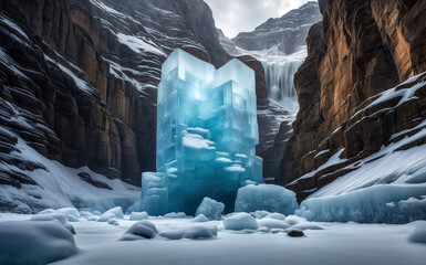 cubes ice tower emerges like a crystal sentinel in the depths of the canyon - 782531097