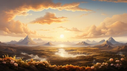 fantasy landscape with mountains, river and clouds