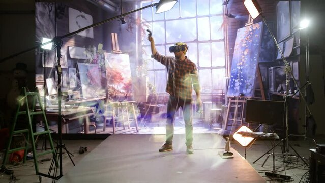 New York City, USA - April 2024 - A Man Painting In A Room With A Virtual Reality Headset On Workshop Photorealism Augmented Reality