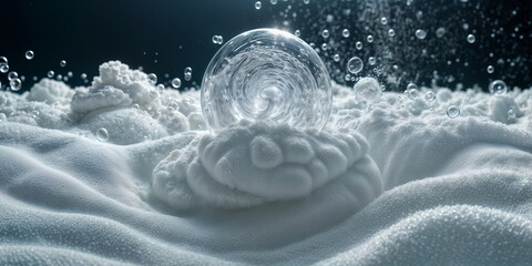 clear sphere, possibly a crystal ball, sits on a pile of white cotton. The sphere is surrounded by bubbles, some of which are large and others are small. The scene is set against a black background.