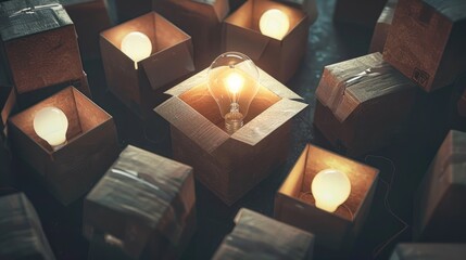 A glowing light bulb outside the box between many other box. AI generated image