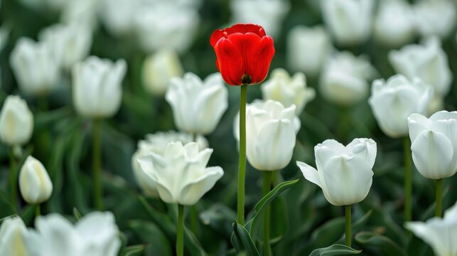 Close up one red tulip flower between many white tulips flowers in a garden. AI generated image