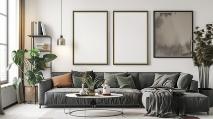 mock up poster frame in modern interior background, living room, Minimalistic style, 3D render