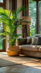 Obraz premium Wide mobile banner image of simple modern apartment living area interior near a window, with cozy sofa and indoor plant with pot 