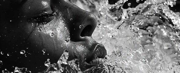 A black and white close-up face submerged underwater - obrazy, fototapety, plakaty