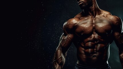 Fototapeta na wymiar Portrait attractive male torso with muscular body builder on dark background. AI generated image