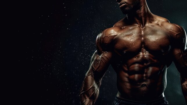 Portrait attractive male torso with muscular body builder on dark background. AI generated image