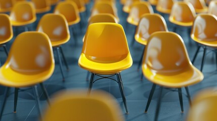 3D rendering group row yellow chairs on a room. AI generated image