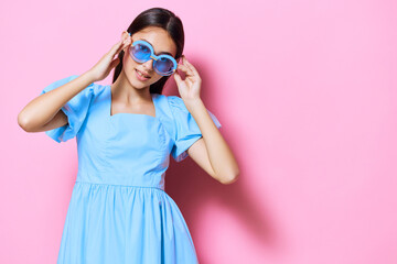 blue woman fashion elegant style dress studio young model beautiful pink
