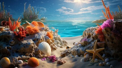Underwater seascape with bright corals and seashells - obrazy, fototapety, plakaty
