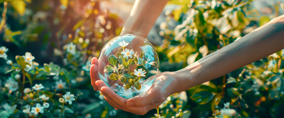 Sunlight filters through leaves, casting a warm glow on hands gently holding a glass orb with white flowers, creating a moment of reflection and the beauty of small ecosystems. Banner. Copy space