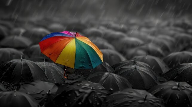 One rainbow colorful umbrella bright between many of black umbrellas. AI generated image