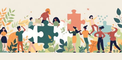 diverse people working together to piece together large puzzle pieces, symbolizing collaboration Generative AI