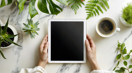 Top view of hands holding a blank screen tablet surrounded by green plants and a cup of coffee on a white desk