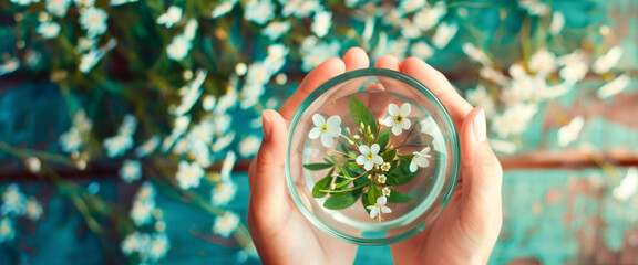 Hands holding a glass bowl showcasing a delicate micro-ecosystem, with tiny white flowers and lush leaves against a branches, symbolizing the fragility and beauty of nature. Banner. Copy space