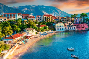 Foto op Canvas Assos, Kefalonia, Greece. Colorful houses and turquoise colored bay of a village on an idyllic Ionian island © davidionut