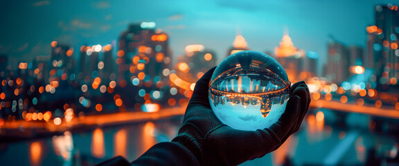 In a vibrant urban street, a gloved hand presents a crystal ball that captures and inverses the colorful city life, offering a mesmerizing environment around it. Banner. Copy space