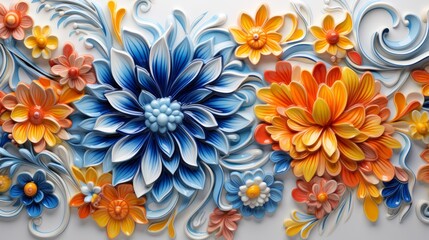 A bas-relief of colorful flowers including orange, blue, and white.