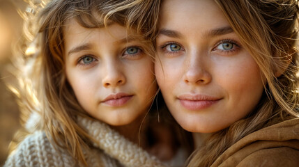 A tender moment captured as a young girl rests her head against a womans cheek, both looking directly at the camera with soft, warm smiles - Generative AI