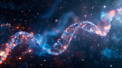abstract light background, DNA with small light in deep blue space