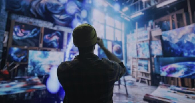 A Man In A Green Hat Is Looking At A Wall Of virtual Screens Workshop Photorealism Augmented Reality