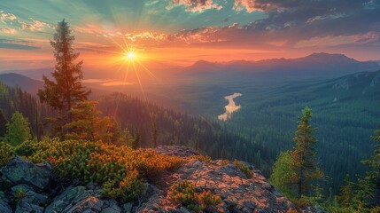 Radiant Sunrise Over Misty Mountain Landscape and River - obrazy, fototapety, plakaty